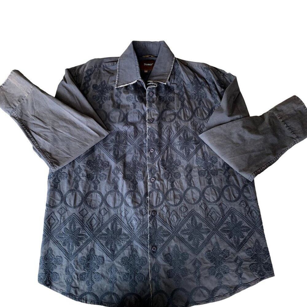 Roar Men’s Blue Distressed Long sleeve shirt with signature heavy embroidery(2X)